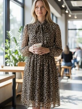 Banana Republic Leopard Print Long Sleeve Midi Dress in Brown